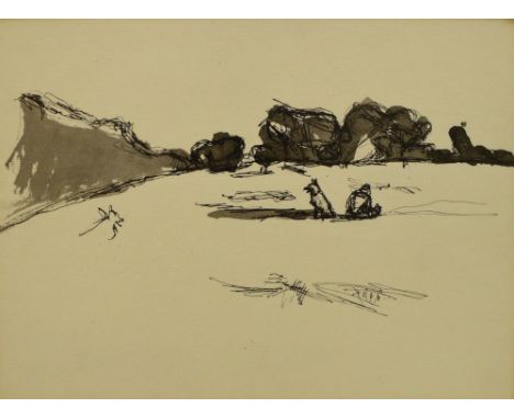 UNATTRIBUTED; pen, ink and watercolour, landscape sketch with figure seated by dog, unsigned, inscribed "Peter 3/11/83" verso