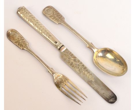 A cased Victorian hallmarked silver three piece fiddle pattern christening set with overall engraved foliate decoration, comp