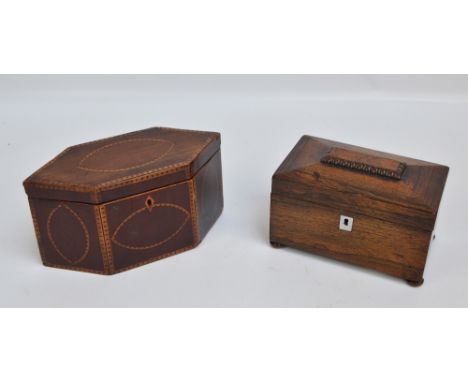 A 19th century mahogany squared lozenge shaped two-compartment tea caddy, the hinged lid crossbanded and decorated with an in
