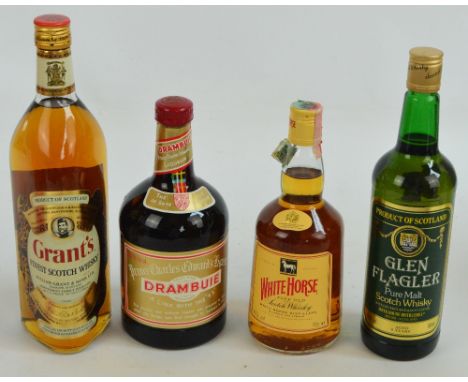 A boxed 1l bottle of Grant's Finest Scotch whisky, a 75cl bottle of "Glen Flagler" Pure Malt Scotch whisky, distilled, mature