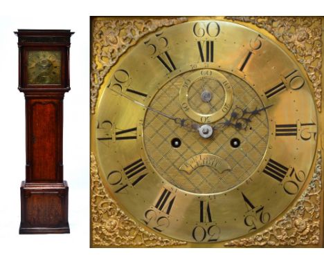 A late 18th century oak longcase clock, the square brass dial with circular chapter ring set with Roman and Arabic numerals, 