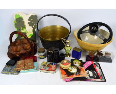 A quantity of collectors' items including a folding wooden basket decorated with hearts, a jam pan, a mixing bowl, candles, a