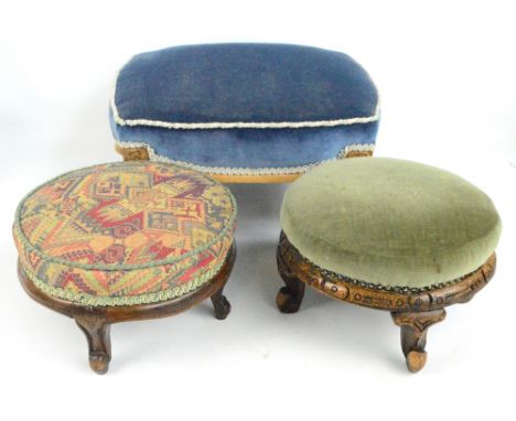 Two circular foot stools with padded tops, and a mahogany framed rectangular stool (3).