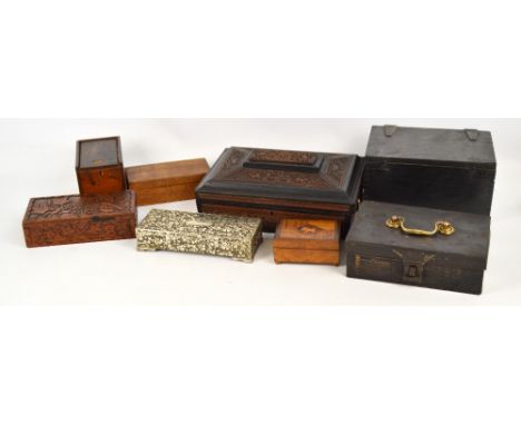 A collection of eight boxes including a 19th century six sectioned tin spice box, a WWI trinket box with carved hinged lid in