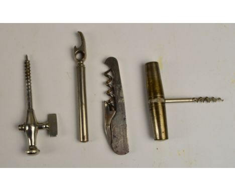 A 1920s champagne tap, an advertising pocket corkscrew inscribed "Harry Hall The Gold Medal, Coat, Breeches Habit & Costume S