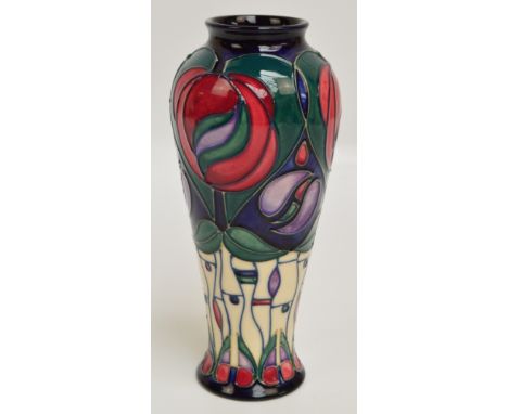 A modern Moorcroft "A Tribute to Charles Macintosh" pattern tubeline decorated vase of slender baluster form, marked and sign