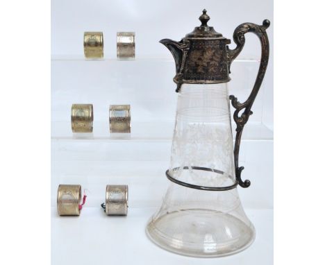 A Victorian silver plated mounted and clear glass floral etched claret jug of tapering form with hinged lid surmounted with c
