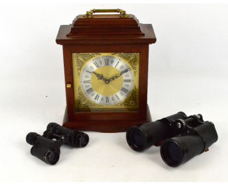 A reproduction mahogany mantel timepiece with square dial set with silvered chapter ring with Roman numerals, height 37cm., a