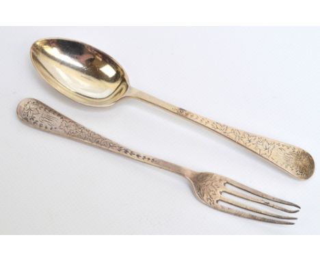A cased Victorian hallmarked silver christening set comprising a bright cut spoon and fork, Walker & Hall, Sheffield 1861 & 1