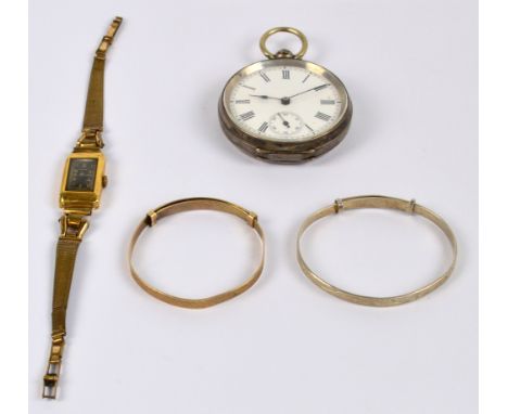 NISUS; a lady's vintage 18ct gold wristwatch with rectangular black painted dial set with Arabic numerals on plated strap, a 