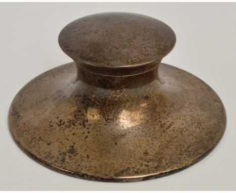 A George V hallmarked silver capstan inkwell of plain form with hinged lid enclosing ceramic liner, Asprey & Co Ltd, Birmingh