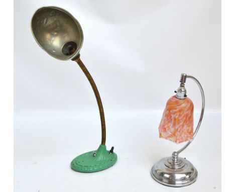 A retro "Supreme" green painted cast iron based table lamp and a further chrome table lamp (2).