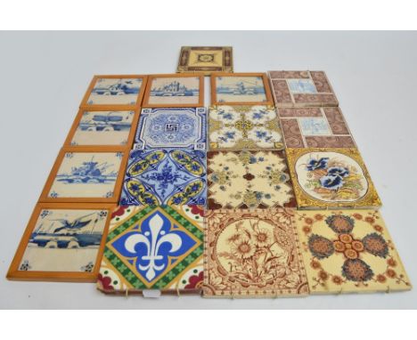 A collection of various Victorian transfer decorated ceramic tiles including Mintons & Co example decorated with a fleur-de-l
