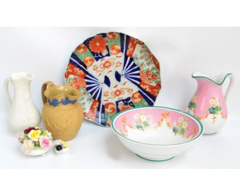 A Minton floral transfer decorated wash jug and bowl, diameter 25.5cm (both af), a Turner jasperware jug mould decorated with