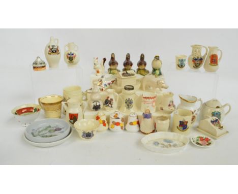 A quantity of small ceramic items including three Beswick wrens, a quantity of crested ware including examples by Goss, Arcad