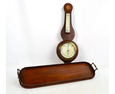 An Edwardian mahogany and inlaid banjo barometer/thermometer by A Bell & Co Ltd of Northampton, height 62cm, and a similar tw