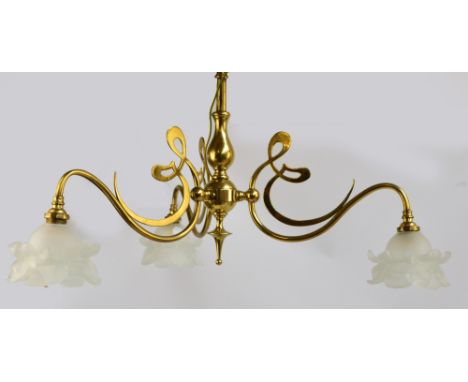 A 20th century brass three branch Art Nouveau pendant style light fitting with Art Nouveau organic scroll above each branch, 