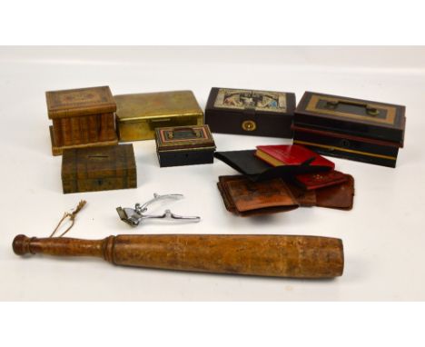 A walnut jewellery box modelled as books with inlaid hinged lid, three vintage tin money boxes, a brass engine turned decorat