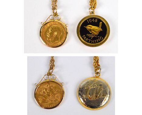 A George V half sovereign, 1911, in yellow metal mounts converted to a pendant on a rope twist chain necklace and a yellow me