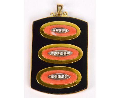 A 14ct yellow gold framed pendant in the Art Deco style, the rounded rectangular plaque set with three gold-rimmed coral colo