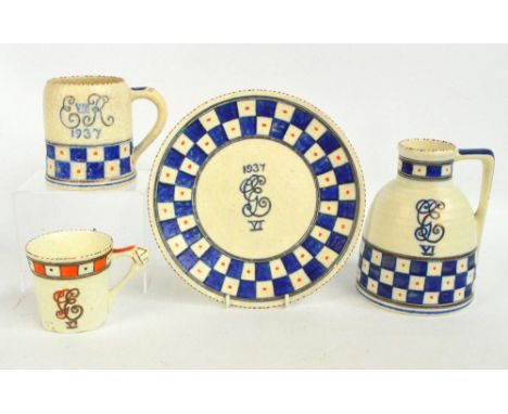 Four pieces of Crown Ducal Charlotte Rhead designed wares commemorating Edward VIII in 1937, comprising a flask with angled h