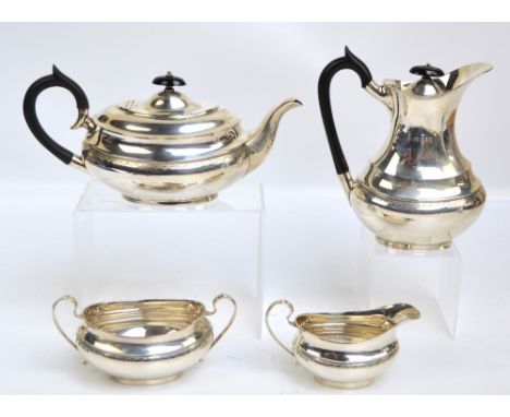 An Elizabeth II hallmarked silver four piece tea service with band of etched decoration, Viners Ltd, Sheffield 1959, length o