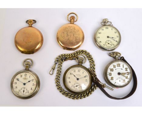 A small collection of pocket watches including a gold plated full hunter with monogrammed case, the white enamel dial set wit