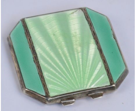 A George VI hallmarked silver and two-tone green guilloche enamel decorated powder compact of square form with canted corners