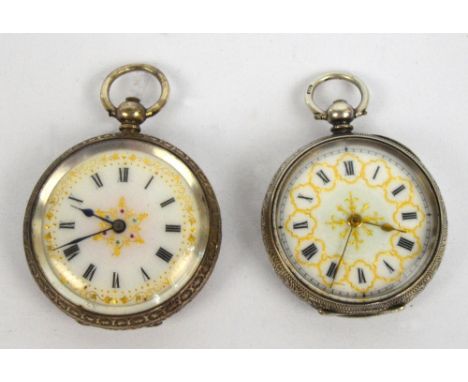 Two late 19th/early 20th century Continental silver fob watches, both with gilt heightened white enamel dial set with Roman n