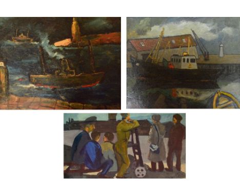 CONSTANTINE STERIO; two oils on board "Night Port 1969" and "Ship in Caernarfon 1995", both signed and dated, one bearing the