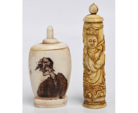 A late 19th/early 20th century Chinese carved bone scent bottle of cylindrical form depicting a woman holding a lantern, heig