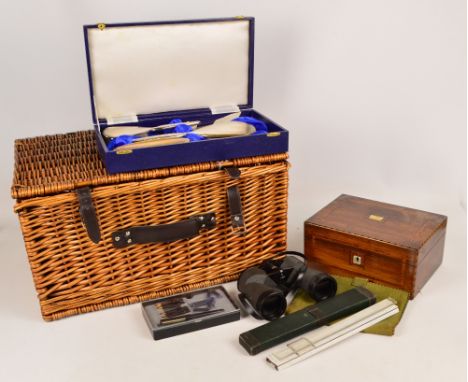 A Victorian rosewood and inlaid sewing/workbox with pull-out tray containing a collection of postcards, a cased four piece el