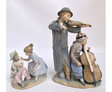 Two Nao figure groups, one depicting a man playing a violin and a woman playing a cello, height 34cm, the other depicting two