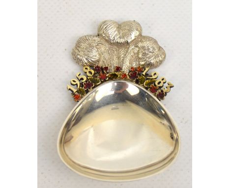 STUART DEVLIN; a hallmarked silver enamel decorated limited edition Prince of Wales commemorative caddy spoon, 1958-1983, no.
