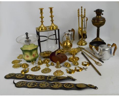 A quantity of metalware including Picquot Ware, brass trivet, lamp, companion stand, etc.