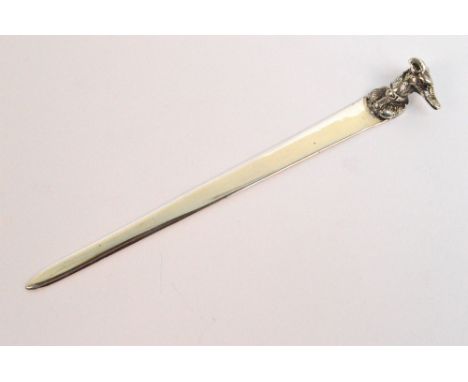 A George V hallmarked silver letter opener of plain form, the handle modelled with a bust of a greyhound's head, S Blanckense