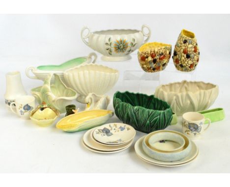 A collection of Sylvac ceramic items including twin handled large bowls, long green vases, baskets, a swan dish, pebble vases