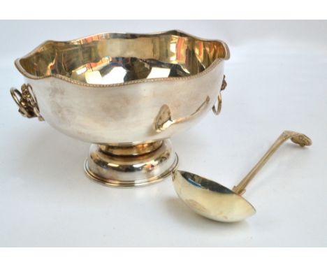 A silver plated footed Monteith/punch bowl with twin lion mask and ring handles, diameter 26cm, and a King's pattern decorate