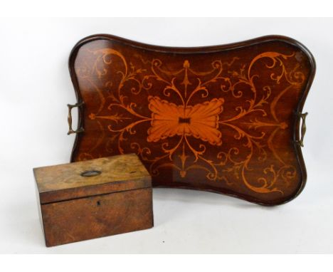 A rectangular mahogany three section tea caddy, each section with a hinged oval lid, width 24cm (for restoration), and an Edw