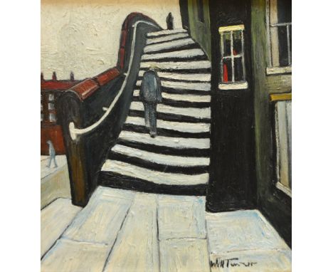 WILLIAM RALPH TURNER (1920-2013); oil on board, street scene with man climbing steps, signed, 26 x 23cm, framed. (D) CONDITIO