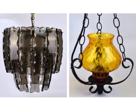 A retro ceiling lamp with two rows of grey glass shaped rectangular curved panels, diameter 35.5cm, and a further ceiling lam