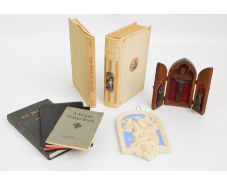An early 20th century wooden cased travelling altar centred with a crucifix with cast Corpus Christi flanked by Mother Mary a