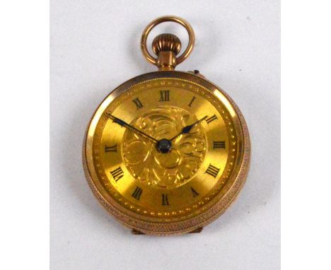 An early 20th century 9ct rose gold cased open face crown wind fob watch, the engraved and engine turned circular dial set wi