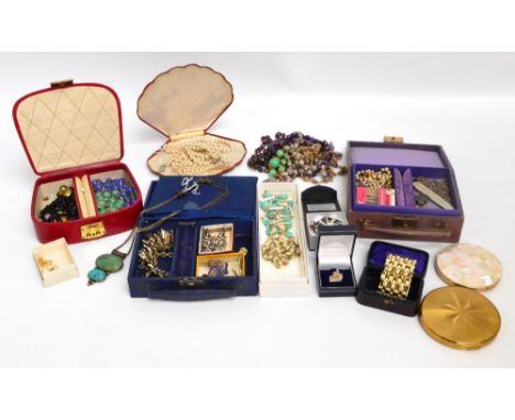 A collection of costume jewellery including various bead necklaces including amethyst and purple quartz examples, a pair of A