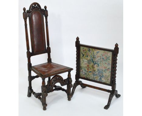 A Victorian oak chair with leather upholstered and stud decorated seat and back, with stretchered supports, height 125cm and 