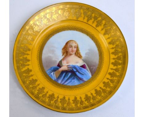 A late 19th century Sevres porcelain cabinet plate centred with the portrait of a young woman with ringlets, indistinctly sig