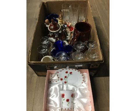 BOX OF POTTERY AND GLASS INCLUDING GOEBEL BARGEWARE MURANO BLUE GLASS