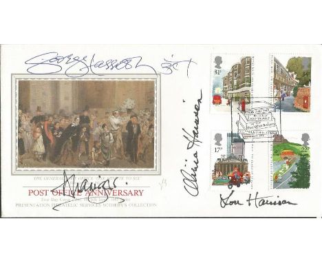 George Harrison and family signed first day cover. 1985 Post Office Anniversary first day cover signed by legendary Beatle Ge