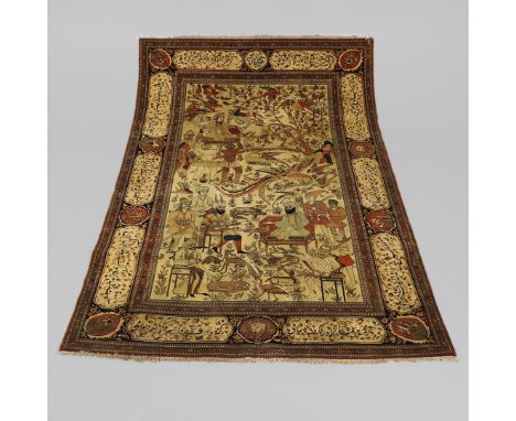 the field depicting a leader holding court in a garden of exotic animals and birds enclosed by inscribed cartouche borders of
