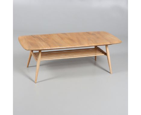 Model No 459, with a rectangular shaped elm top supported on beech legs, with spindle shelf underneath for storage. 104cms ac